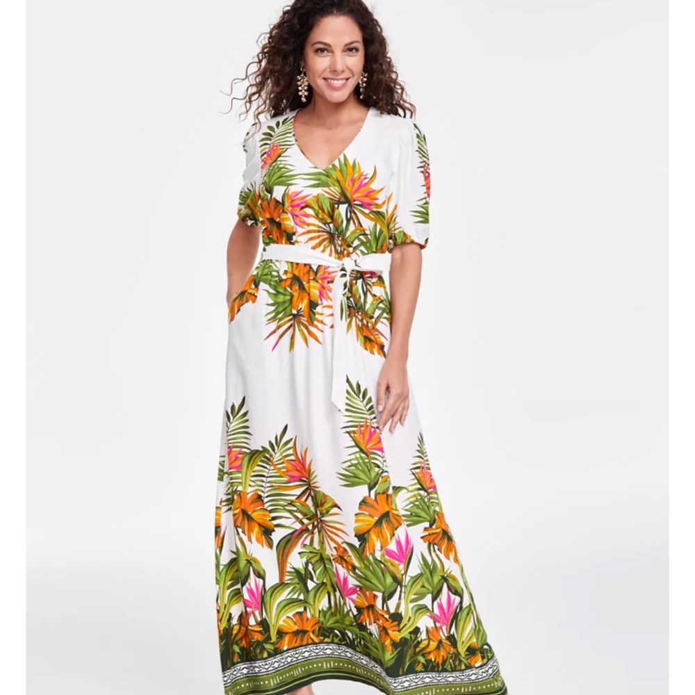 NWT I.N.C. Women's Printed V-Neck Tie-Waist Tropical Dress